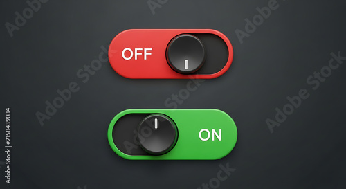 Digital Interface Toggle Switches for On and Off Status with Green and Red Indicators on Dark Background