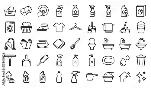 Cleaning laundry household care of black thin line vector web icons