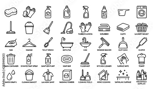 Cleaning service black outline thin line flat vector web icon collection