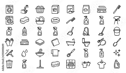 Cleaning household hygiene of thin line black outline vector icons set