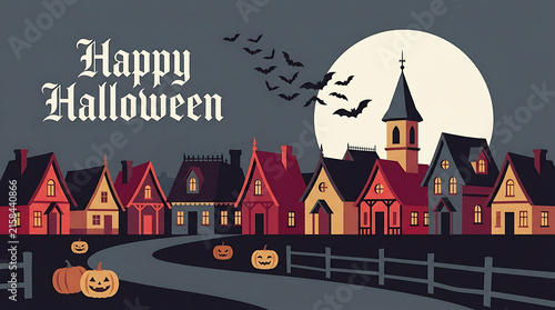 Spooky halloween village scene with full moon
