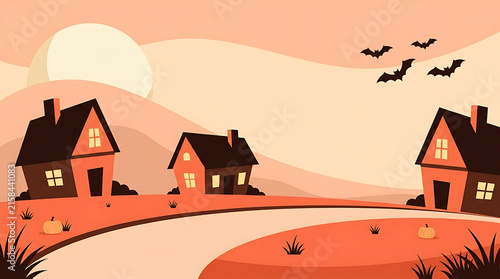 Spooky halloween houses in a sunset landscape