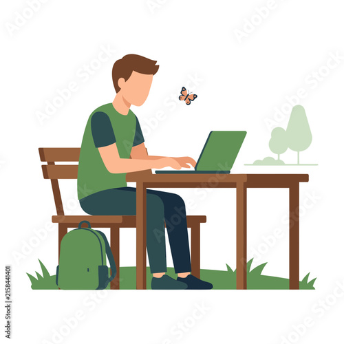 Young man working on laptop outdoors in nature with butterfly nearby
