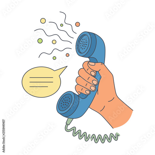 Hand holding blue telephone receiver with speech bubble and sound waves