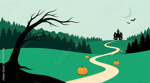 Spooky halloween landscape with haunted castle and pumpkins