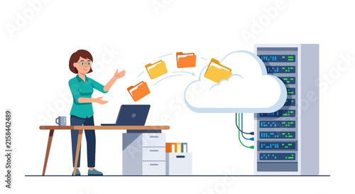 Female IT specialist migrating digital data folders to cloud storage server rack flat vector illustration.