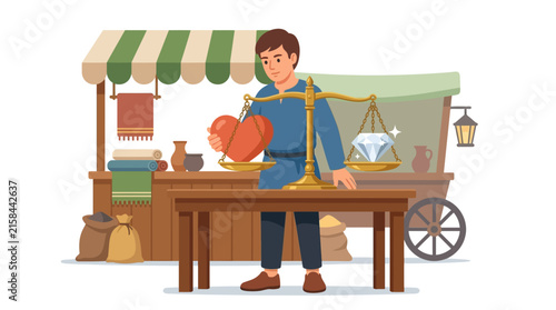 Merchant weighing a red heart against a diamond on vintage scales flat vector illustration