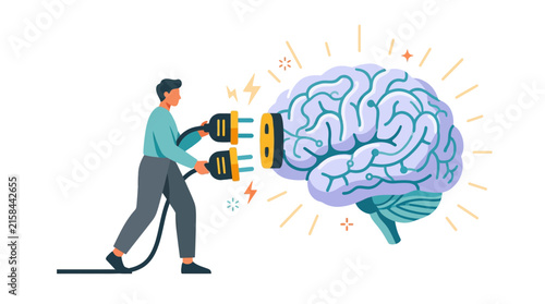 Man connecting electrical power plugs to a glowing human brain for mental energy and neural activation flat vector element.