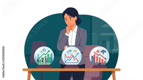 Focused businesswoman strategist analyzing economic growth and recession scenarios in crystal balls flat vector illustration.