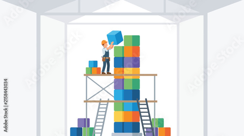 Professional construction worker stacking colorful cubes on a high scaffold tower flat vector element