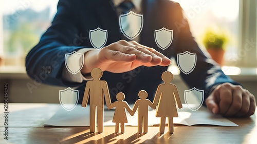 Family protection concept with insurance coverage symbols and business professional