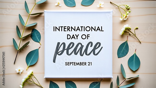 International peace day greeting card with leaves and elegant typography