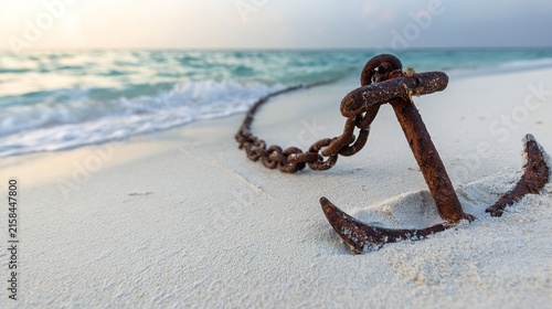 anchor. A rusted ship anchor embedded in white sand with a chain leading into the ocean. mobility guides, transit brochures, designed for mobility and urban transit guides.