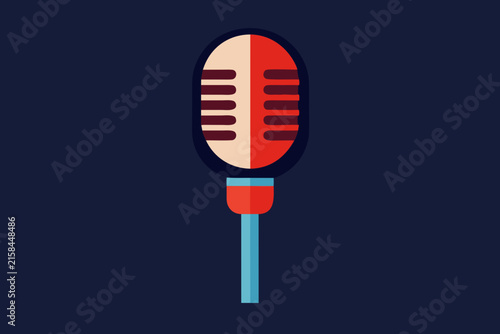 Vintage red and white retro microphone icon isolated on dark gradient background for broadcasting