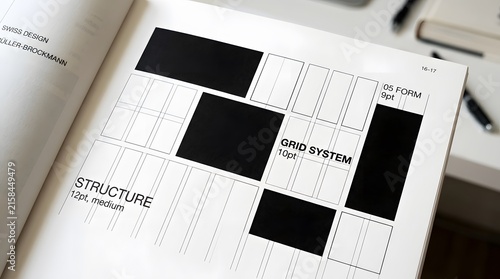 Minimalist Swiss grid layout design with black geometric blocks on white paper