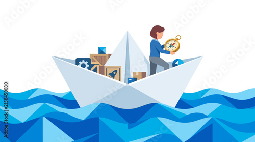 Female product manager navigating a giant paper boat with compass and project crates flat vector element.