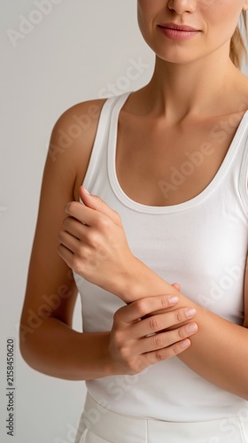 Woman touching wrist and forearm, wrist joint discomfort pain, human body ache, healthcare minimal portrait presentation graphic