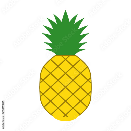 Yellow pineapple fruit with green leaves on top isolated on white background simple
