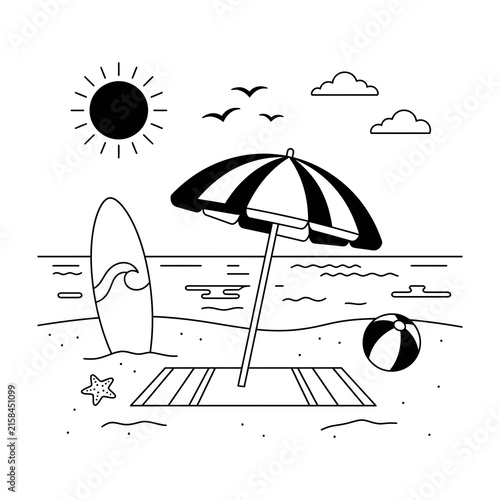 Beach scene with umbrella surfboard sun