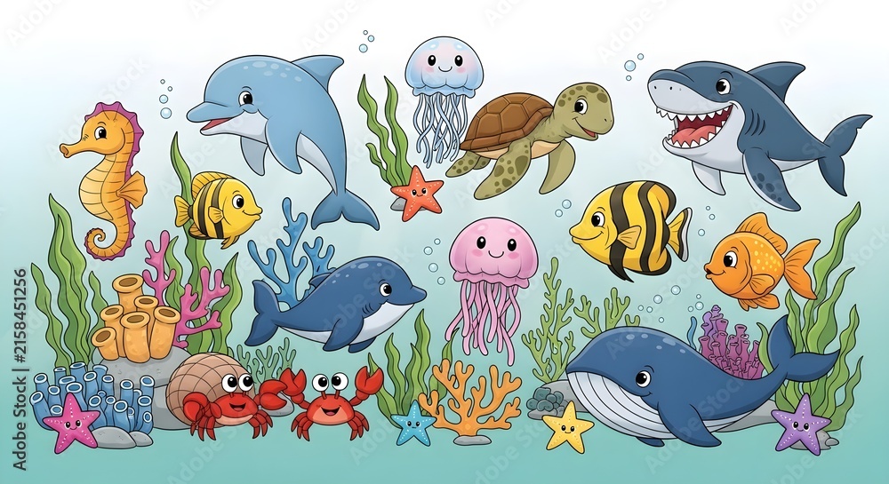 Fototapeta premium A vibrant underwater scene teeming with friendly cartoon marine animals and colorful coral reefs.