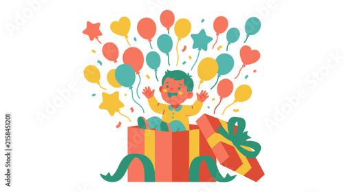 Cute baby jumping out of a gift box with colorful balloons, fun birthday surprise vector illustration