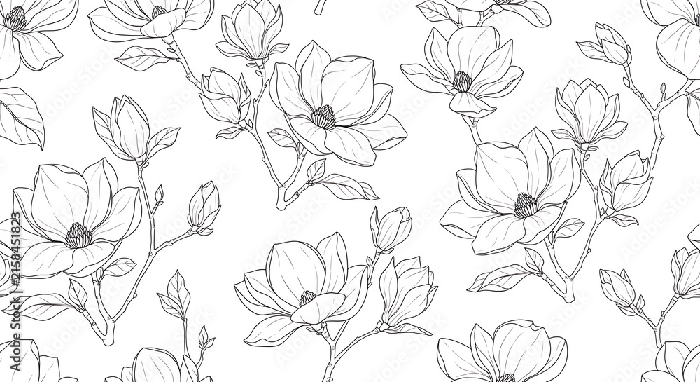 Fototapeta premium Elegant Seamless Black and White Line Art Pattern of Magnolia Flowers and Branches