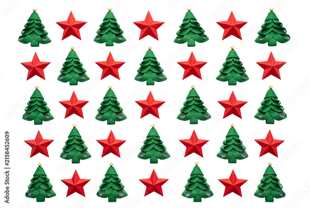 Obraz premium Pattern of folded green ribbon Christmas trees and red stars