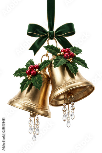 Fotografía Golden Christmas bells with green velvet bow and crystal droplets