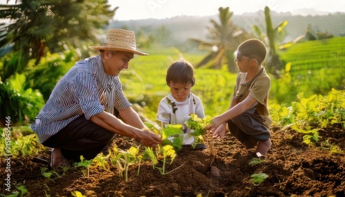 Family planting trees in green field.