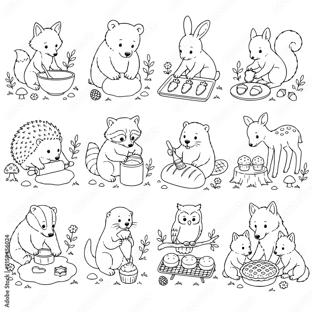 Obraz premium Woodland Animals Coloring Pages for Kids & Adults | Cute Forest Animal Line Art Featuring Foxes, Bears, Rabbits, Squirrels, Owls, Raccoons, Hedgehogs & Cozy Nature Scenes for Relaxation.