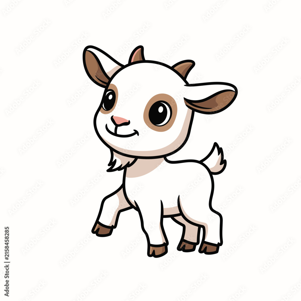 Fototapeta premium Charming cartoon goat kid standing cheerfully with expressive eyes with standing upright with animal