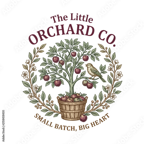 The Little Orchard Co. logo presents an apple tree with a basket of apples, a bird, and a wreath of leaves and berries with text in a circular design.