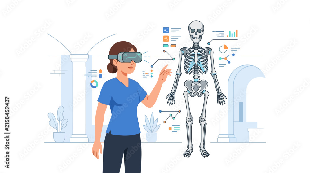 Obraz premium Female medical professional studying human anatomy with virtual reality headset and digital skeleton flat vector element