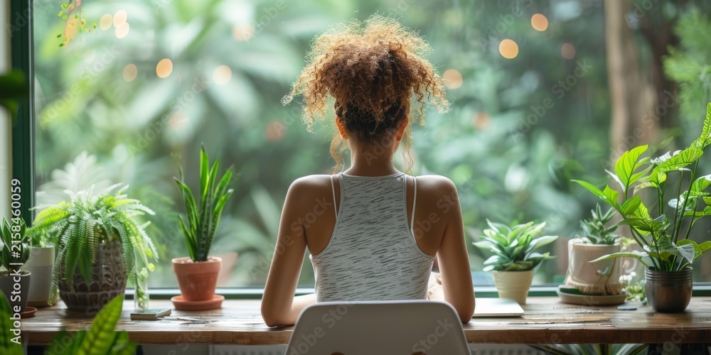 Fototapeta premium Woman working from home with a view of nature outside the open window