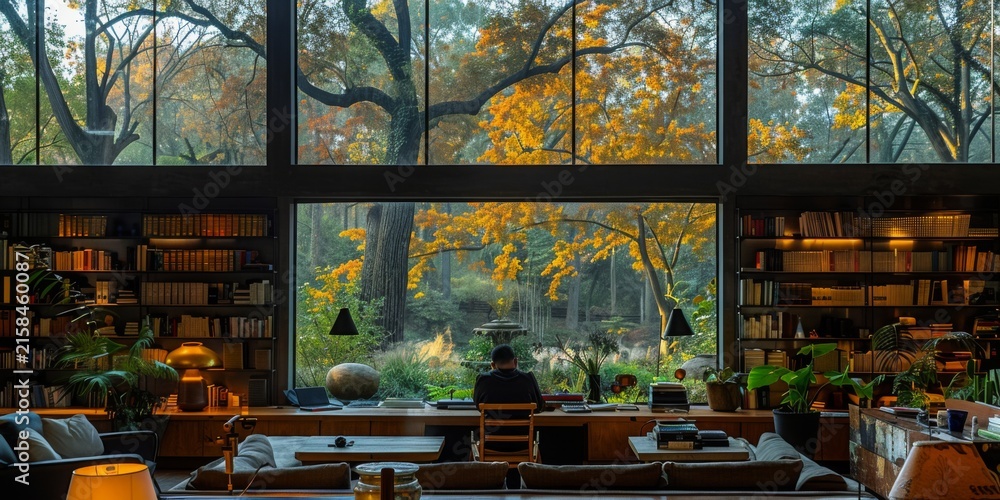 Fototapeta premium A man works from home with a view of nature outside an open window. The concept of remote work, freelancing