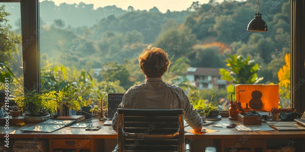 Fototapeta premium A man works from home with a view of nature outside an open window. The concept of remote work, freelancing