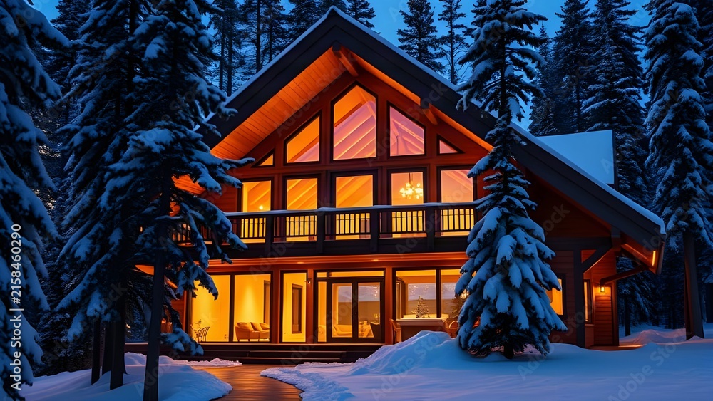 Fototapeta premium modern luxury wooden chalet in a snowy mountain forest during twilight winter evening