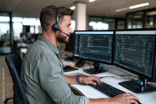 Obraz na płótnie Male software developer wearing headset coding on dual monitors, IT support and remote technology work concept