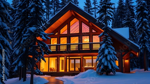 modern luxury wooden chalet in a snowy mountain forest during twilight winter evening
