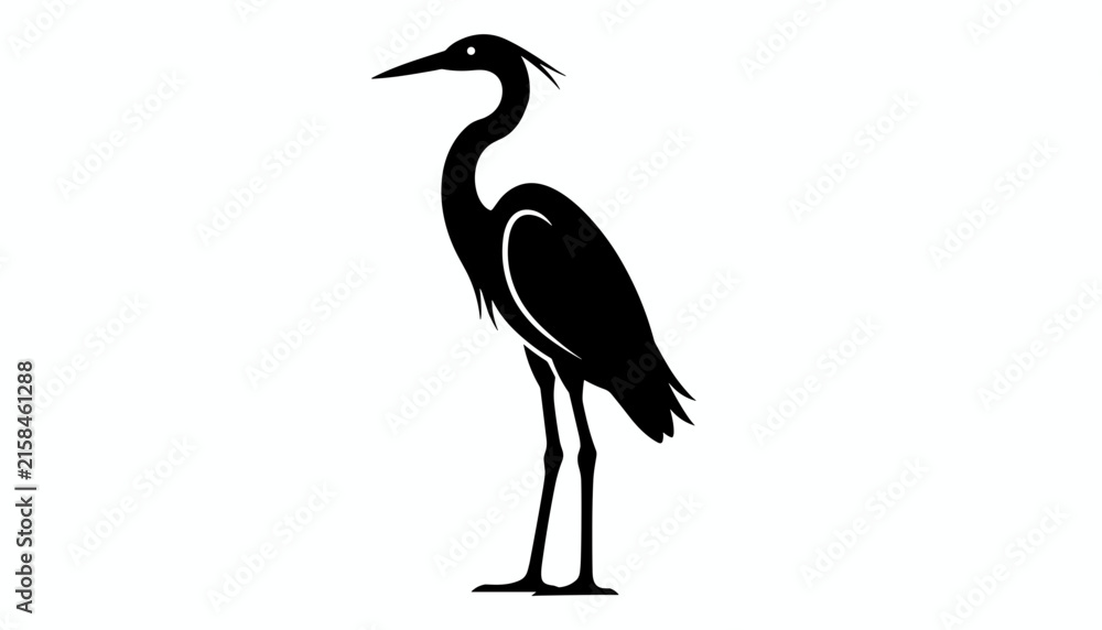 Fototapeta premium Elegant silhouette of a tall heron bird standing gracefully in black against a clean solid white background.