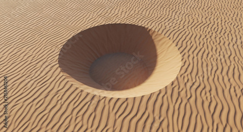 Desert sand crater forming a deep depression pit in the middle of vast arid landscape dunes