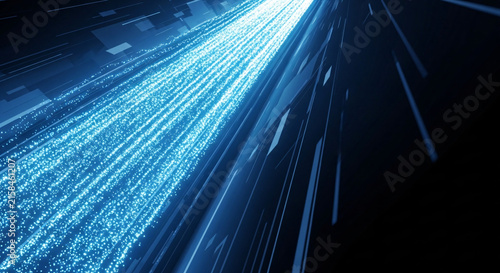 Digital data stream moving fast through cyberspace with glowing blue light streaks in futuristic technology concept background