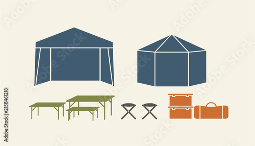 Camping equipment icons showing blue pop-up canopy, yurt tent, green wooden tables, chairs, and orange crates.