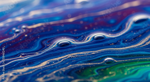 Fluid acrylic paint pouring with vibrant blue and purple swirls creating abstract liquid art patterns for modern interior decoration background