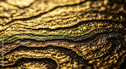 Golden metal texture with intricate organic patterns and reflective metallic surface for luxury background design