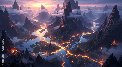 Mountain range landscape with winding glowing rivers and volcanic terrain during sunset in fantasy world environment