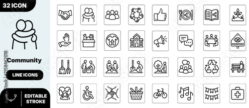 Community and social responsibility line icons set collection of people connection