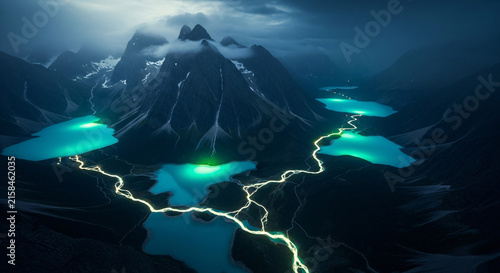 Majestic mountain landscape with glowing turquoise glacial lakes and winding rivers under a dramatic dark sky creating an ethereal atmosphere