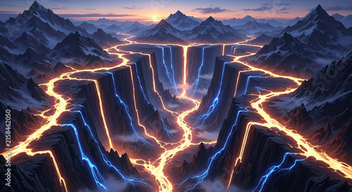 Volcanic lava flowing through deep mountain canyon with glowing energy streams and dramatic rocky landscape scenery
