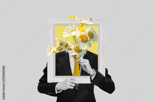Digital collage modern art, Businessman in black suit with flowers head	
